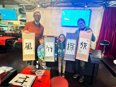 Calligraphy on Kanji Fan & Scroll with Drink